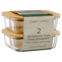 B&M Rectangular Glass Food Containers With Bamboo Lids 2pk -Addis Homedecor Store 376824 2pk regular glass food containers1