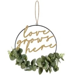 B&M Botanical Garden Hanging Hoop With Slogan -Addis Homedecor Store 379615 botanical garden metal hoop with gold wording and leaves love grows here