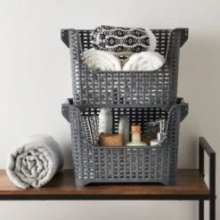 Rattan Stacking Caddy -Addis Homedecor Store 384999 rattan nestable caddy grey 35x25x24 5cm