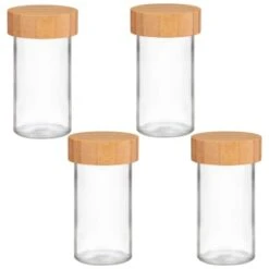 B&M Set Of 4 Glass Spice Jars With Bamboo Wood Base -Addis Homedecor Store 394437 set of 4 glass spice jars with bamboo wood lid and base group